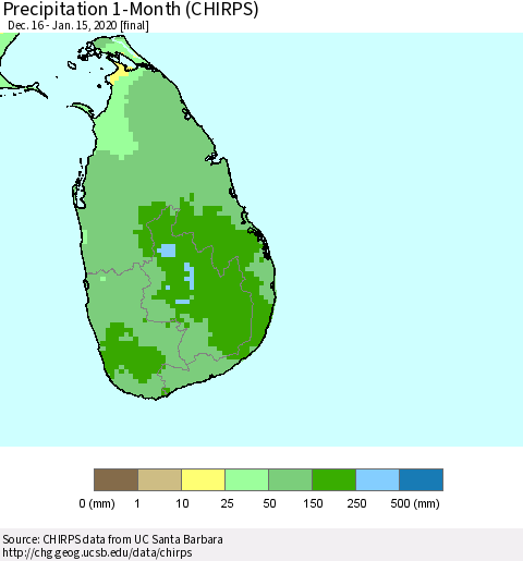 Sri Lanka Precipitation 1-Month (CHIRPS) Thematic Map For 12/16/2019 - 1/15/2020