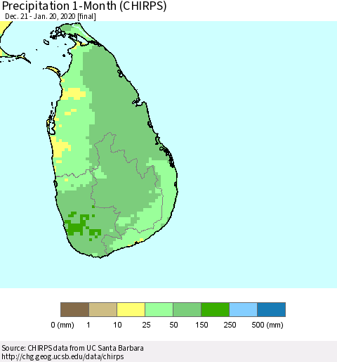Sri Lanka Precipitation 1-Month (CHIRPS) Thematic Map For 12/21/2019 - 1/20/2020