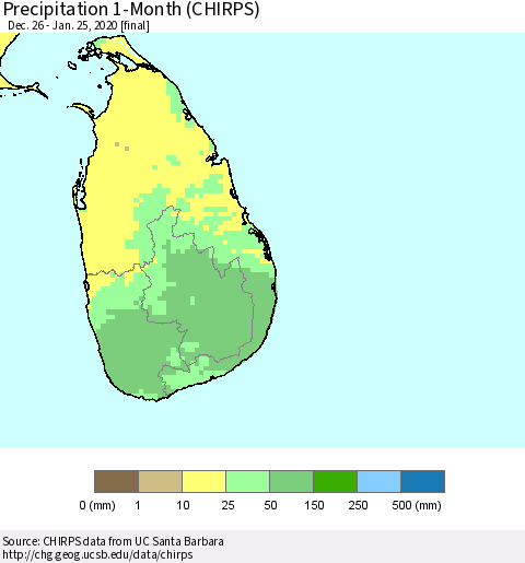 Sri Lanka Precipitation 1-Month (CHIRPS) Thematic Map For 12/26/2019 - 1/25/2020