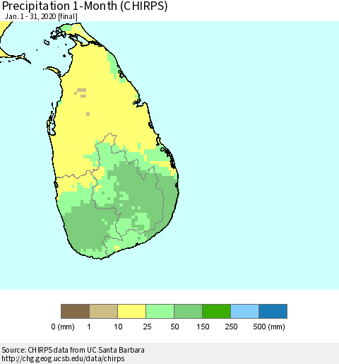 Sri Lanka Precipitation 1-Month (CHIRPS) Thematic Map For 1/1/2020 - 1/31/2020