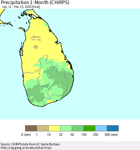 Sri Lanka Precipitation 1-Month (CHIRPS) Thematic Map For 1/11/2020 - 2/10/2020