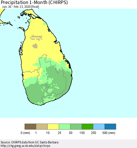 Sri Lanka Precipitation 1-Month (CHIRPS) Thematic Map For 1/16/2020 - 2/15/2020
