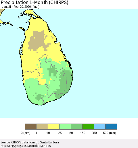 Sri Lanka Precipitation 1-Month (CHIRPS) Thematic Map For 1/21/2020 - 2/20/2020
