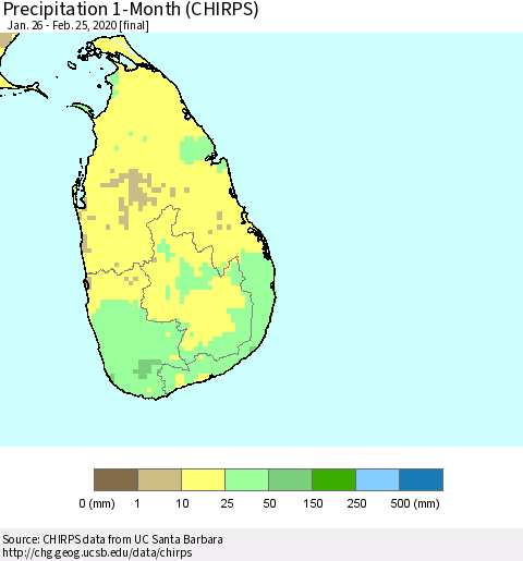 Sri Lanka Precipitation 1-Month (CHIRPS) Thematic Map For 1/26/2020 - 2/25/2020