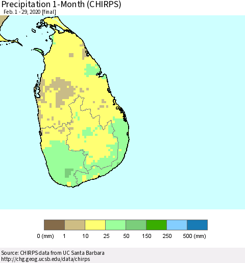 Sri Lanka Precipitation 1-Month (CHIRPS) Thematic Map For 2/1/2020 - 2/29/2020