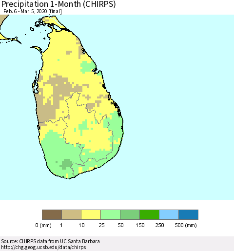 Sri Lanka Precipitation 1-Month (CHIRPS) Thematic Map For 2/6/2020 - 3/5/2020