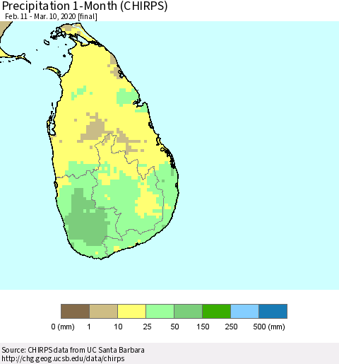 Sri Lanka Precipitation 1-Month (CHIRPS) Thematic Map For 2/11/2020 - 3/10/2020