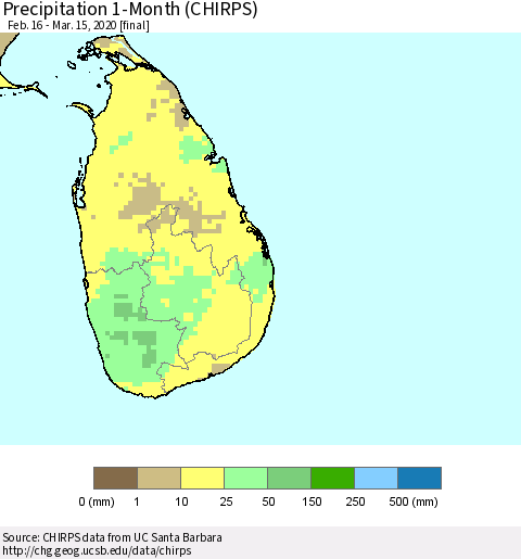 Sri Lanka Precipitation 1-Month (CHIRPS) Thematic Map For 2/16/2020 - 3/15/2020