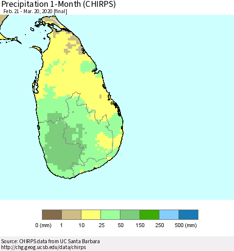 Sri Lanka Precipitation 1-Month (CHIRPS) Thematic Map For 2/21/2020 - 3/20/2020