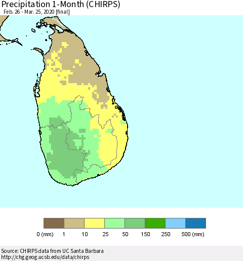 Sri Lanka Precipitation 1-Month (CHIRPS) Thematic Map For 2/26/2020 - 3/25/2020