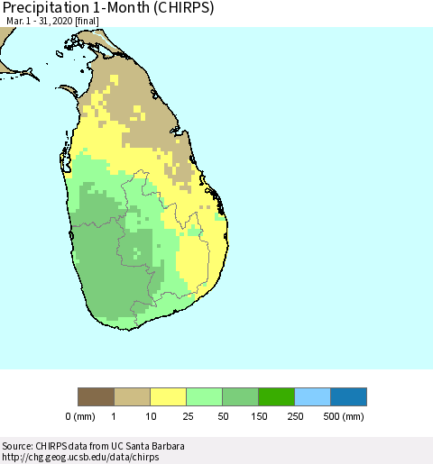 Sri Lanka Precipitation 1-Month (CHIRPS) Thematic Map For 3/1/2020 - 3/31/2020