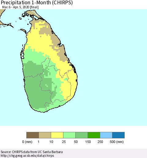Sri Lanka Precipitation 1-Month (CHIRPS) Thematic Map For 3/6/2020 - 4/5/2020