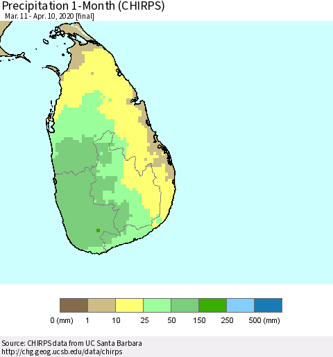 Sri Lanka Precipitation 1-Month (CHIRPS) Thematic Map For 3/11/2020 - 4/10/2020