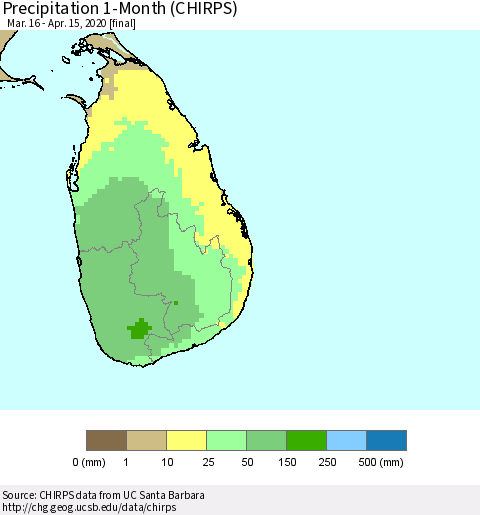 Sri Lanka Precipitation 1-Month (CHIRPS) Thematic Map For 3/16/2020 - 4/15/2020
