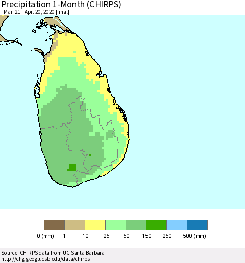 Sri Lanka Precipitation 1-Month (CHIRPS) Thematic Map For 3/21/2020 - 4/20/2020