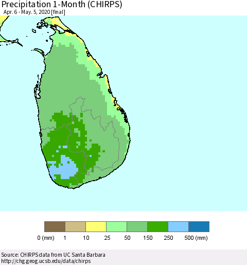 Sri Lanka Precipitation 1-Month (CHIRPS) Thematic Map For 4/6/2020 - 5/5/2020