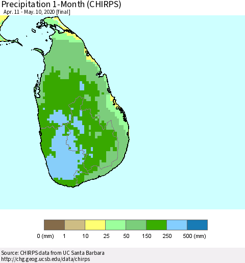 Sri Lanka Precipitation 1-Month (CHIRPS) Thematic Map For 4/11/2020 - 5/10/2020