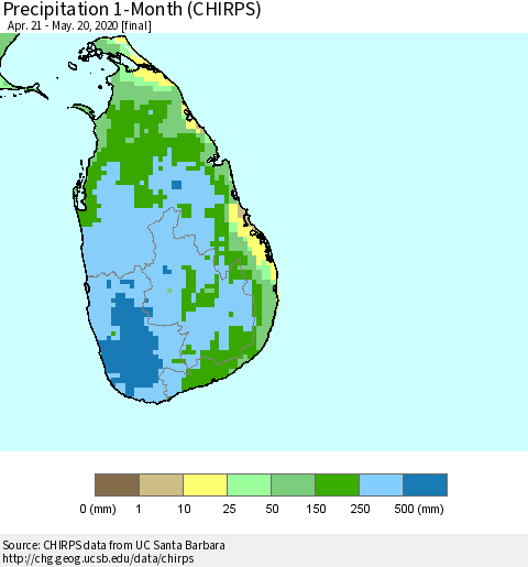 Sri Lanka Precipitation 1-Month (CHIRPS) Thematic Map For 4/21/2020 - 5/20/2020