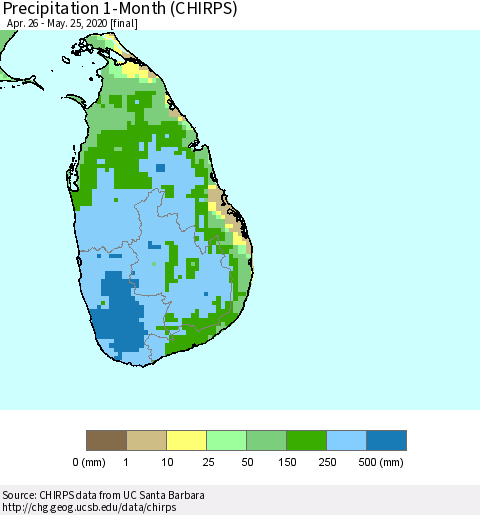 Sri Lanka Precipitation 1-Month (CHIRPS) Thematic Map For 4/26/2020 - 5/25/2020