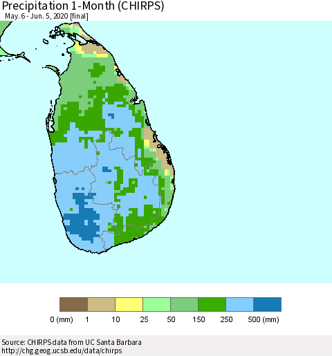 Sri Lanka Precipitation 1-Month (CHIRPS) Thematic Map For 5/6/2020 - 6/5/2020