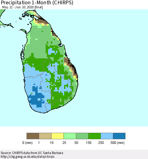 Sri Lanka Precipitation 1-Month (CHIRPS) Thematic Map For 5/11/2020 - 6/10/2020