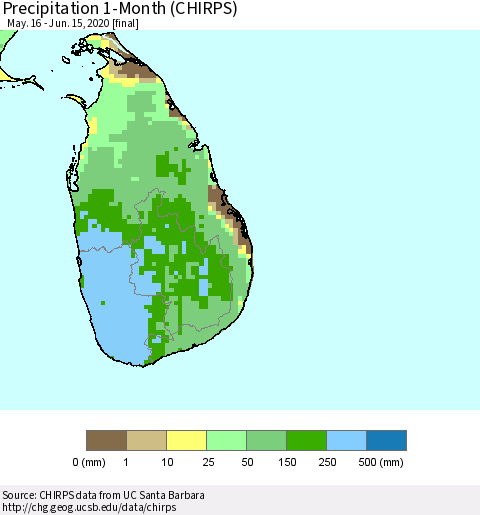 Sri Lanka Precipitation 1-Month (CHIRPS) Thematic Map For 5/16/2020 - 6/15/2020