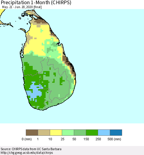 Sri Lanka Precipitation 1-Month (CHIRPS) Thematic Map For 5/21/2020 - 6/20/2020