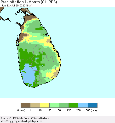 Sri Lanka Precipitation 1-Month (CHIRPS) Thematic Map For 6/11/2020 - 7/10/2020