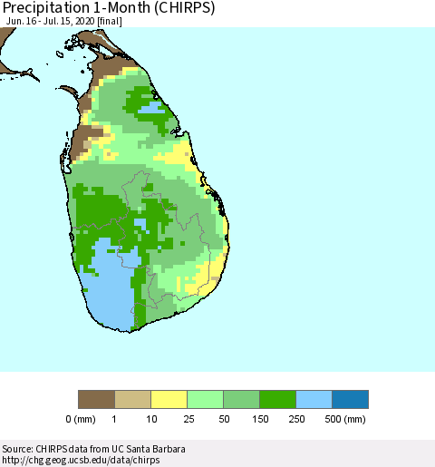 Sri Lanka Precipitation 1-Month (CHIRPS) Thematic Map For 6/16/2020 - 7/15/2020