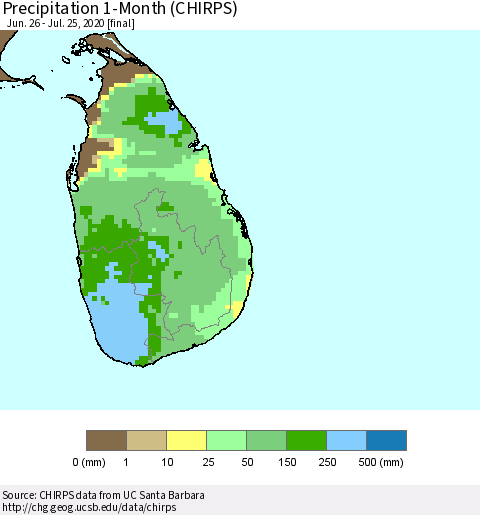 Sri Lanka Precipitation 1-Month (CHIRPS) Thematic Map For 6/26/2020 - 7/25/2020