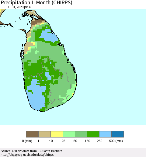 Sri Lanka Precipitation 1-Month (CHIRPS) Thematic Map For 7/1/2020 - 7/31/2020
