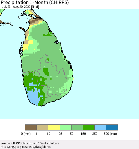 Sri Lanka Precipitation 1-Month (CHIRPS) Thematic Map For 7/21/2020 - 8/20/2020