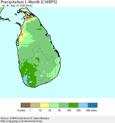 Sri Lanka Precipitation 1-Month (CHIRPS) Thematic Map For 7/26/2020 - 8/25/2020