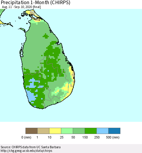 Sri Lanka Precipitation 1-Month (CHIRPS) Thematic Map For 8/11/2020 - 9/10/2020