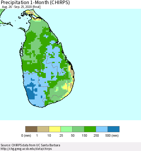 Sri Lanka Precipitation 1-Month (CHIRPS) Thematic Map For 8/26/2020 - 9/25/2020