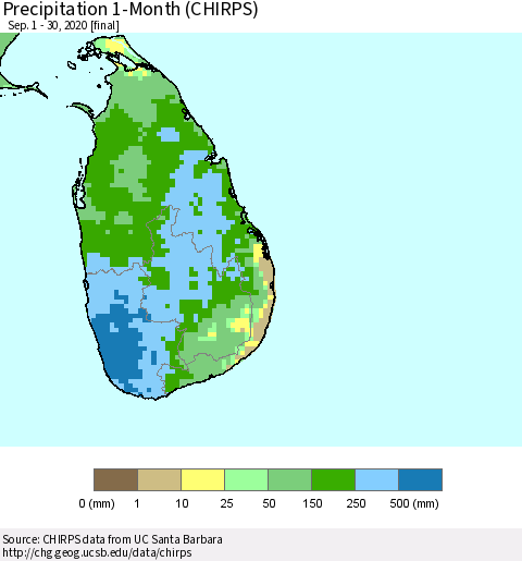 Sri Lanka Precipitation 1-Month (CHIRPS) Thematic Map For 9/1/2020 - 9/30/2020