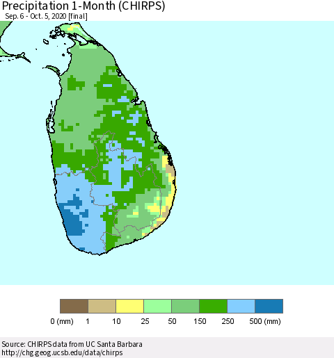 Sri Lanka Precipitation 1-Month (CHIRPS) Thematic Map For 9/6/2020 - 10/5/2020
