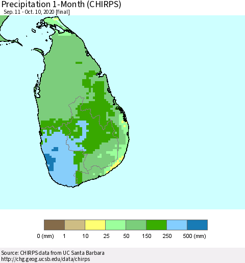 Sri Lanka Precipitation 1-Month (CHIRPS) Thematic Map For 9/11/2020 - 10/10/2020