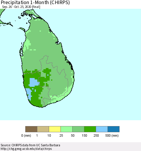 Sri Lanka Precipitation 1-Month (CHIRPS) Thematic Map For 9/26/2020 - 10/25/2020