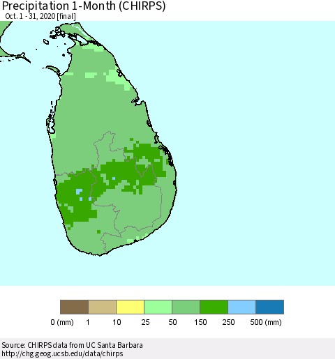 Sri Lanka Precipitation 1-Month (CHIRPS) Thematic Map For 10/1/2020 - 10/31/2020