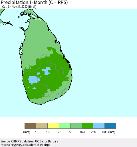Sri Lanka Precipitation 1-Month (CHIRPS) Thematic Map For 10/6/2020 - 11/5/2020