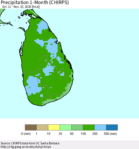 Sri Lanka Precipitation 1-Month (CHIRPS) Thematic Map For 10/11/2020 - 11/10/2020
