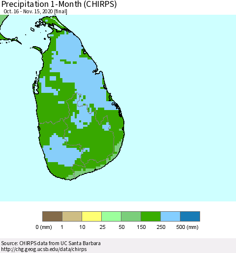 Sri Lanka Precipitation 1-Month (CHIRPS) Thematic Map For 10/16/2020 - 11/15/2020
