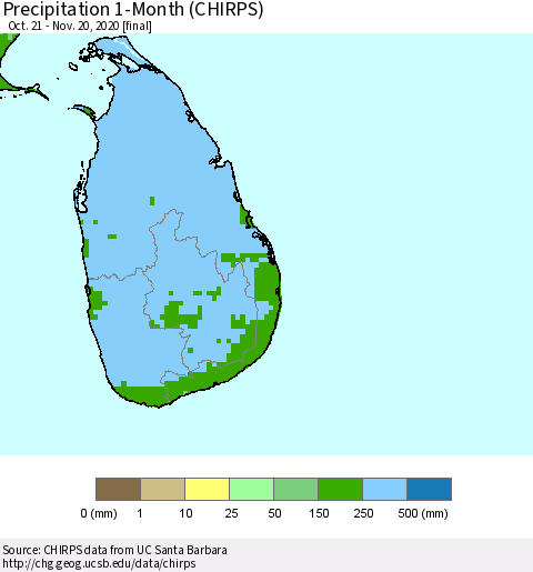Sri Lanka Precipitation 1-Month (CHIRPS) Thematic Map For 10/21/2020 - 11/20/2020