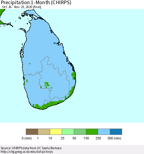 Sri Lanka Precipitation 1-Month (CHIRPS) Thematic Map For 10/26/2020 - 11/25/2020