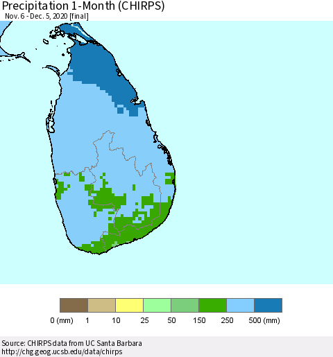 Sri Lanka Precipitation 1-Month (CHIRPS) Thematic Map For 11/6/2020 - 12/5/2020