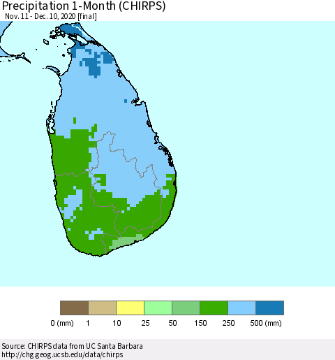 Sri Lanka Precipitation 1-Month (CHIRPS) Thematic Map For 11/11/2020 - 12/10/2020