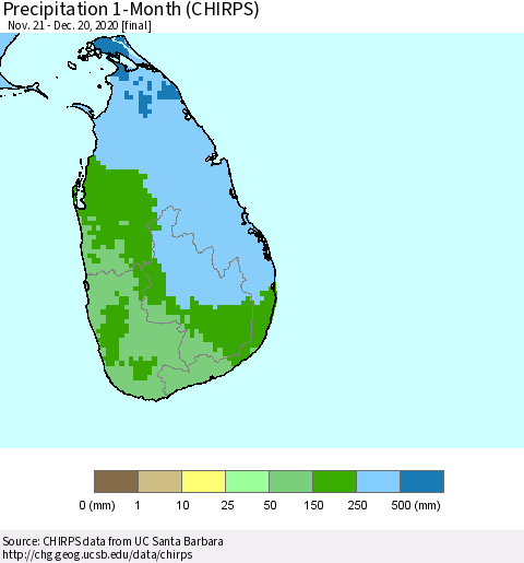 Sri Lanka Precipitation 1-Month (CHIRPS) Thematic Map For 11/21/2020 - 12/20/2020