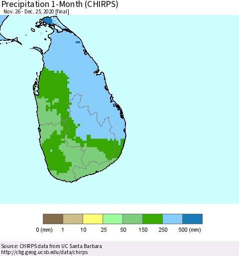 Sri Lanka Precipitation 1-Month (CHIRPS) Thematic Map For 11/26/2020 - 12/25/2020
