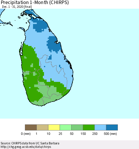 Sri Lanka Precipitation 1-Month (CHIRPS) Thematic Map For 12/1/2020 - 12/31/2020